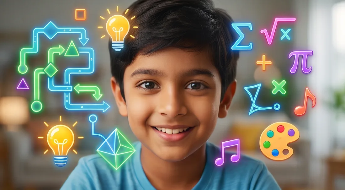 A smiling child surrounded by illustrations of maths, music, logic and art