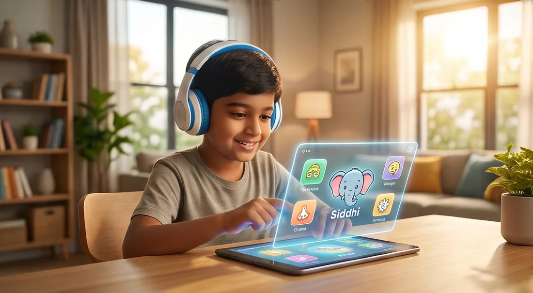 A child tapping through a Siddhi activity on a tablet at the dining table